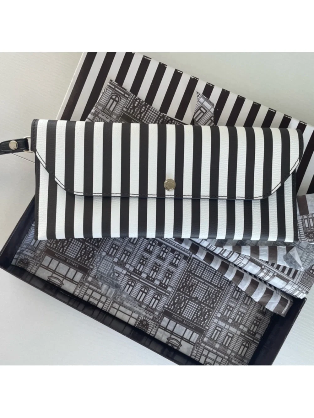 Henri Bendel Brown and White Centennial Stripe Clutch